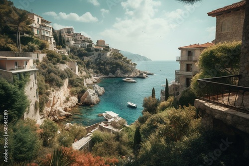 Picturesque urban scenery overlooking the tranquil Mediterranean waters. Generative AI