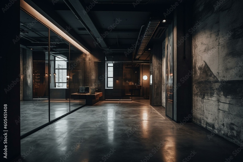 Sleek industrial interior with dark walls and concrete floors. Empty gallery space. Generative AI
