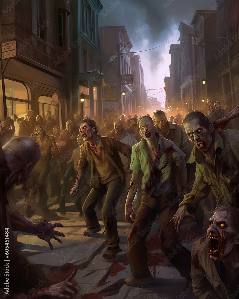 Obraz premium group of zombies walking down a street, apocalypse, generative ai 