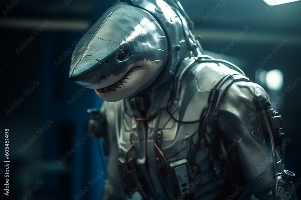 Shark in robotic suit representing animal evolution with modern technology. Generative AI