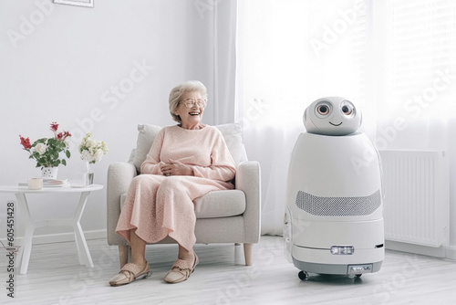 Robot caregiver takes care and looks after an elderly retired old woman at home created with Generative AI