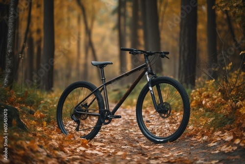 A bicycle rests on a forest path. Generative AI