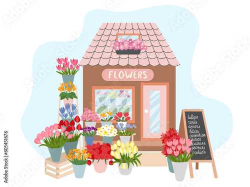 Floral market facade interior illustration. Flat style flower shop decorated with plants and flowers vector illustration.