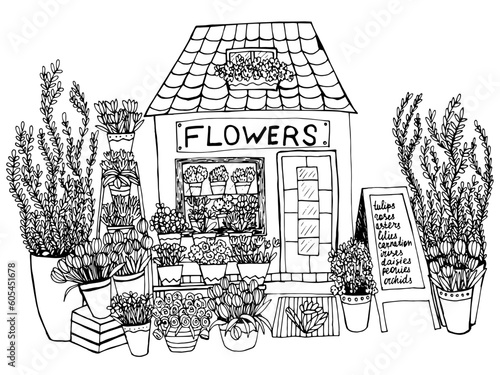 Coloring page with flower shop. Vector floral market with plants, tulips and roseshand drawn illustration