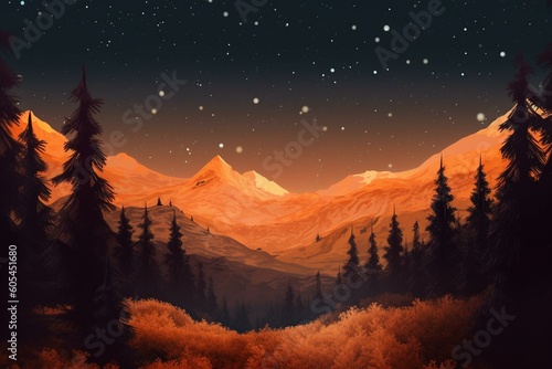 An illustrated forest under a starry orange night sky with surrounding mountains and a glowing moon. Generative AI