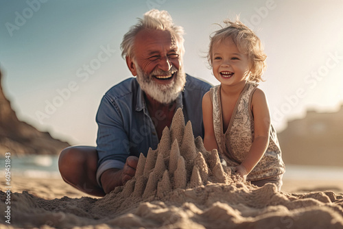 Happy childhood with grandpa by the sea, building sandcastles at sunset during beach vacations created with Generative AI