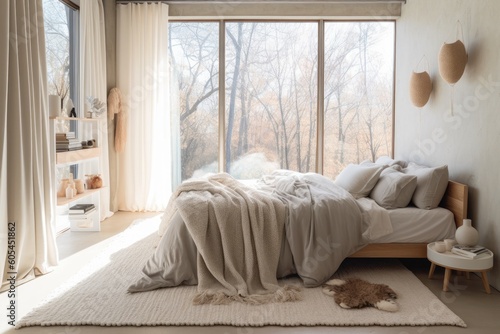 Scandinavian-inspired cozy dreamy bedroom with light wood accents, neutral tones, and minimalist decor, offering a calming and tranquil retreat - Generative AI