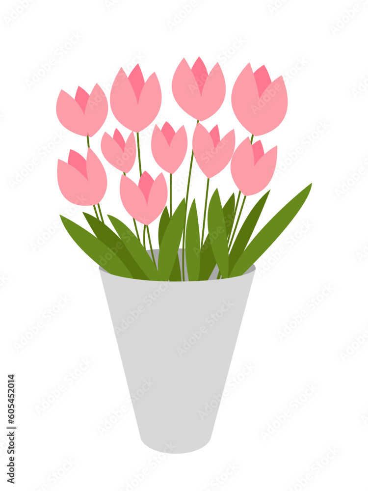Obraz premium Flat pink tulips bouquet in vase vector illustration. Pink tulips in grey vase isolated