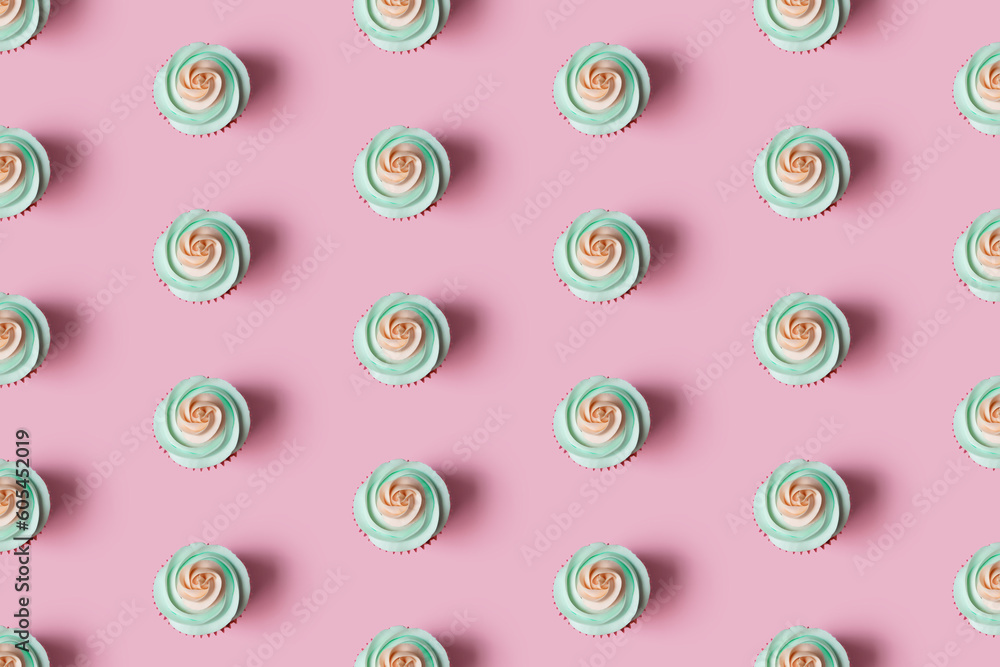 Seamless repeating pattern of cupcakes with swirled cream on a cap, green and pink colors on a dark pink background neutral background Seamless repeating pattern of cupcakes with swirled cream on a cap, green and pink colors on a dark pink background neutral background