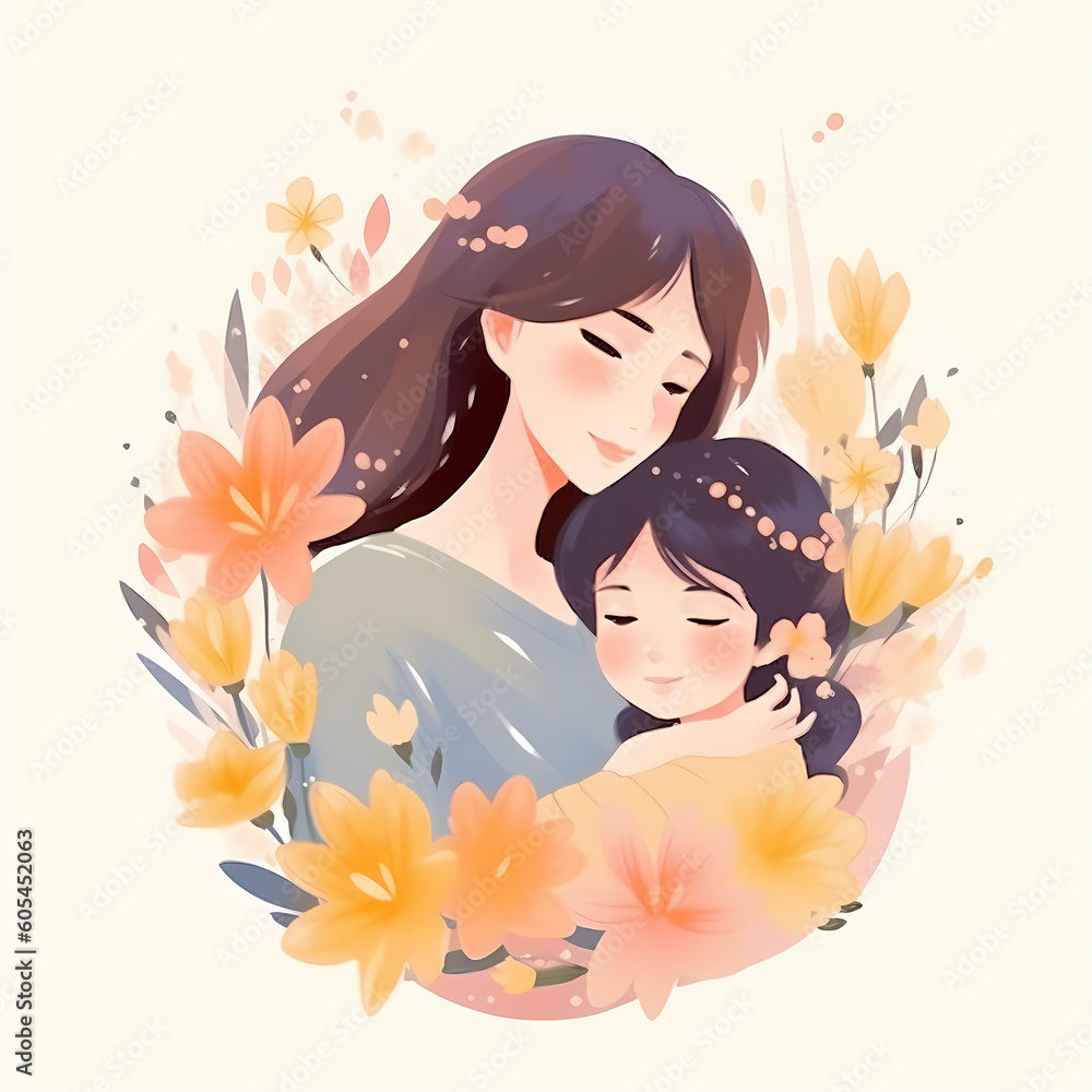 Illustration of a mother with her little child flowers decorative Illustration of a mother with her little child flowers decorative