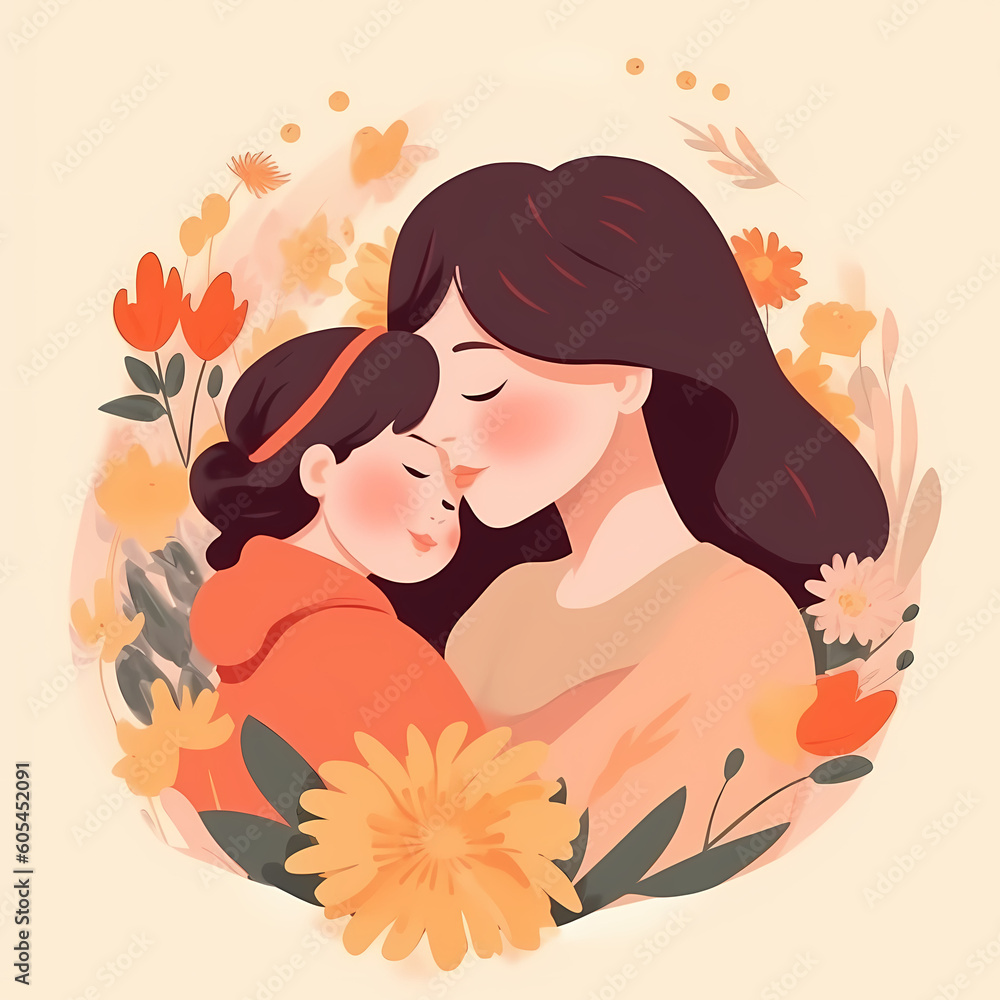 Illustration of a mother with her little child flowers decorative Illustration of a mother with her little child flowers decorative