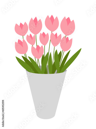 Fototapeta Naklejka Na Ścianę i Meble -  Flat pink tulips bouquet in vase vector illustration. Pink tulips in grey vase isolated