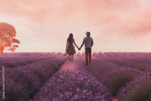  loving couple holding hands in a purple lavender field, dreamy pink sky background, Generative AI