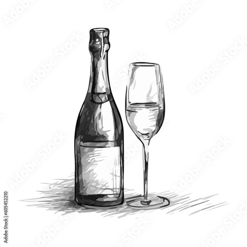 A bottle of champagne and a wine glass, sketch of isolated object, silhouette on white background, minimalistic style