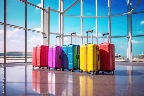 colored suitcases in airport terminal, ailplane on the background, Generative AI