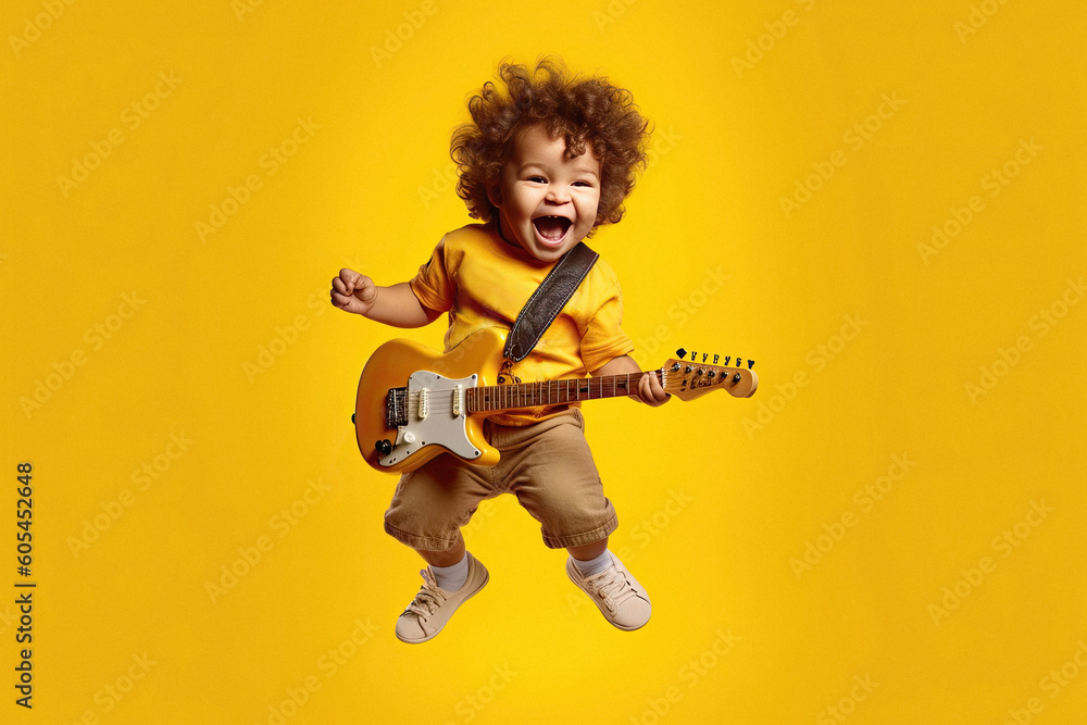 Funny cheerful jumping child playing guitar on a yellow background created with Generative AI technology