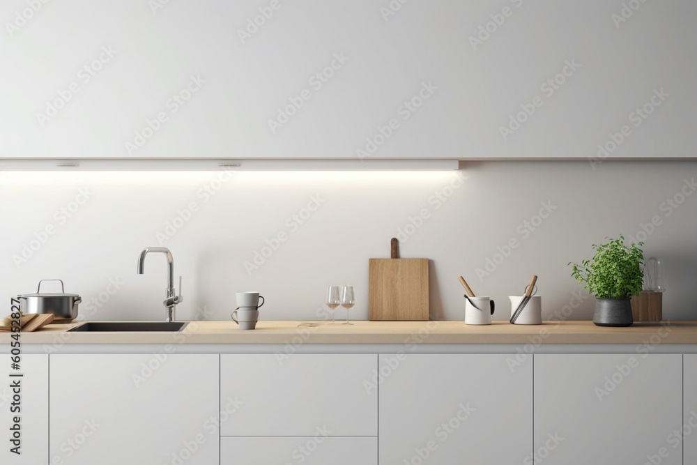 Minimalist kitchen design on blank wall. Generative AI