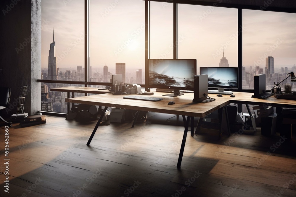 A viewpoint of trendy office desk with advanced PCs on timber floor in shared working space surrounded by dim wall backdrop and urban scenery from huge windows. Generative AI