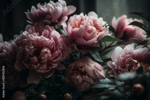 Soft, intricate peony bouquet. Generative AI