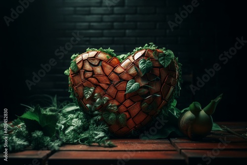 Emerging warm red brick heart from tangled green jungle. Generative AI