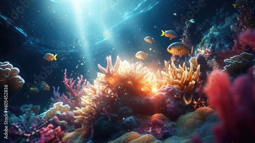 An underwater paradise in the depths of the ocean with gaps and rays above, corals and flora below and fish swimming around