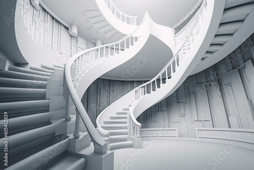 3D background with white spiral staircase in perspective. Generative AI