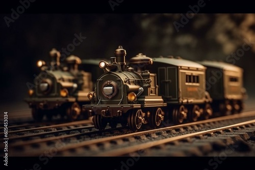 Small locomotive pulling five little coaches. Generative AI