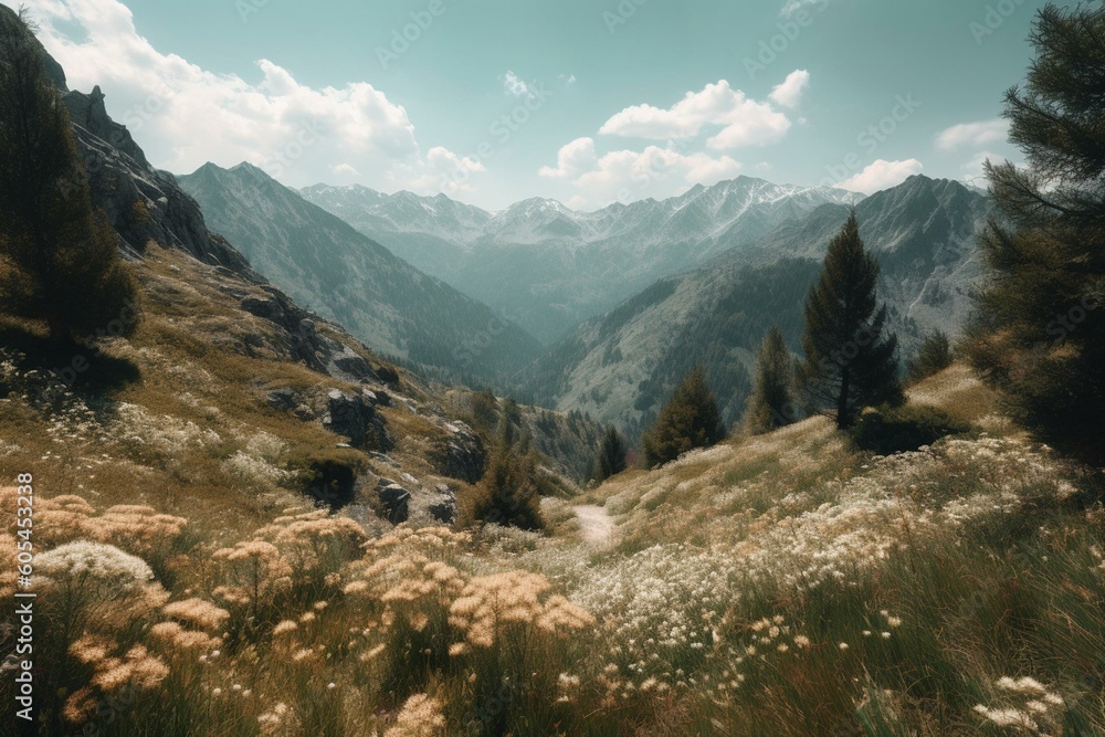 Summer mountain valley in blossom. Generative AI