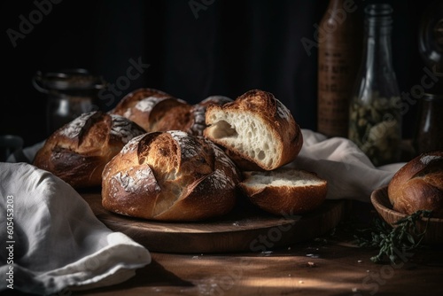 A mouth-watering, crusty and fragrant baked bread of Parisian cuisine. Artisanal and rustic, the golden deliciousness of breakfast, lunch, dinner, appetizer or snack. Generative AI