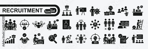 Recruitment icon set. Headhunting, career, resume, job hiring, candidate and human resource icons. Solid icon collection.