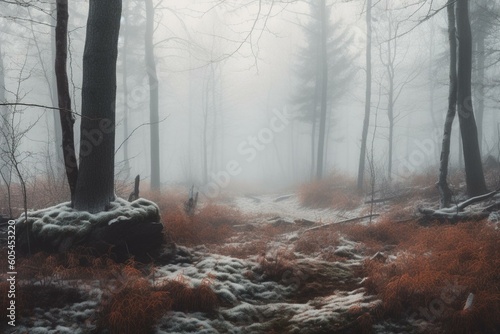 Watercolor of foggy winter forest. Generative AI