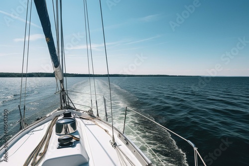 A white yacht sailing on a clear day in the Baltic Sea with a view from the deck to the bow, mast, and sails near Estonia. Generative AI