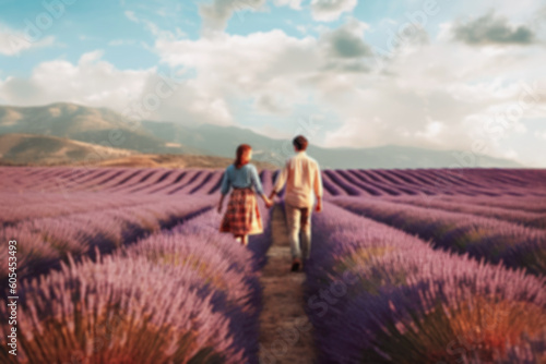 loving couple holding hands in a purple lavender field. sky and mountains on the background. view from behind, Generative AI