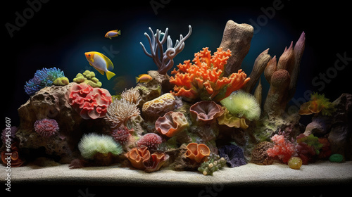 Ocean underwater reef and other flora. Plants of different colors under the bottom in low light  sandy bottom and fish