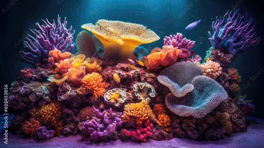 Obraz premium Underwater island of coral reefs and other plants of the underwater world and flora with fish around