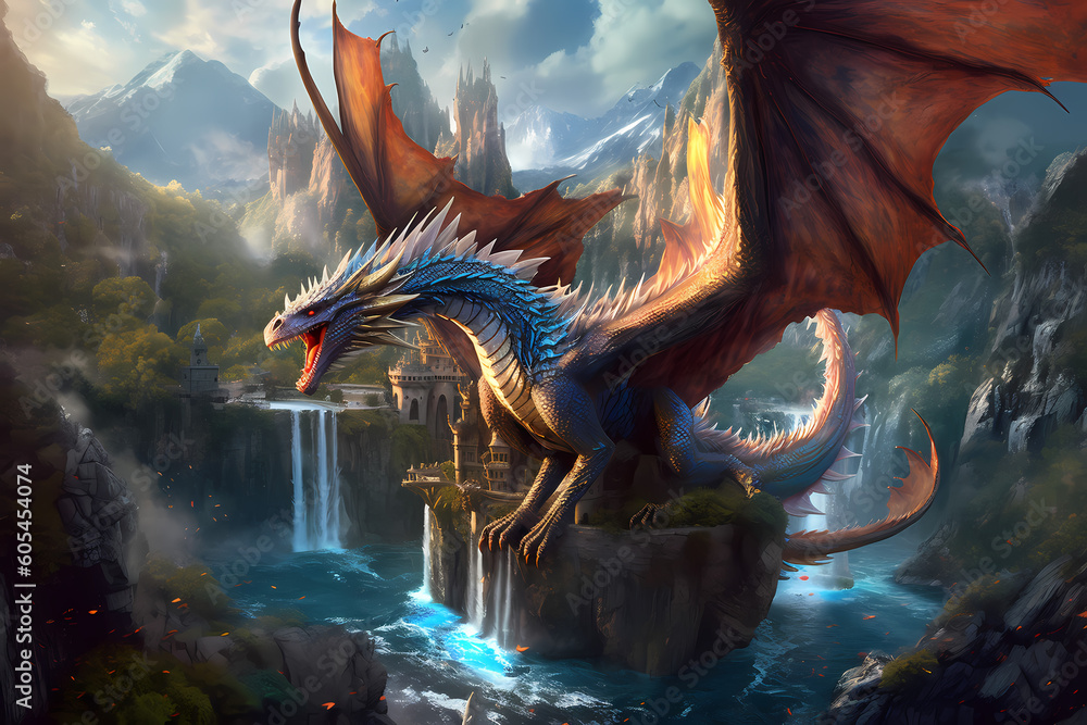Dragon Surrounded By Waterfalls and Mountains in Colourful Landscape Generative AI Dragon Surrounded By Waterfalls and Mountains in Colourful Landscape Generative AI