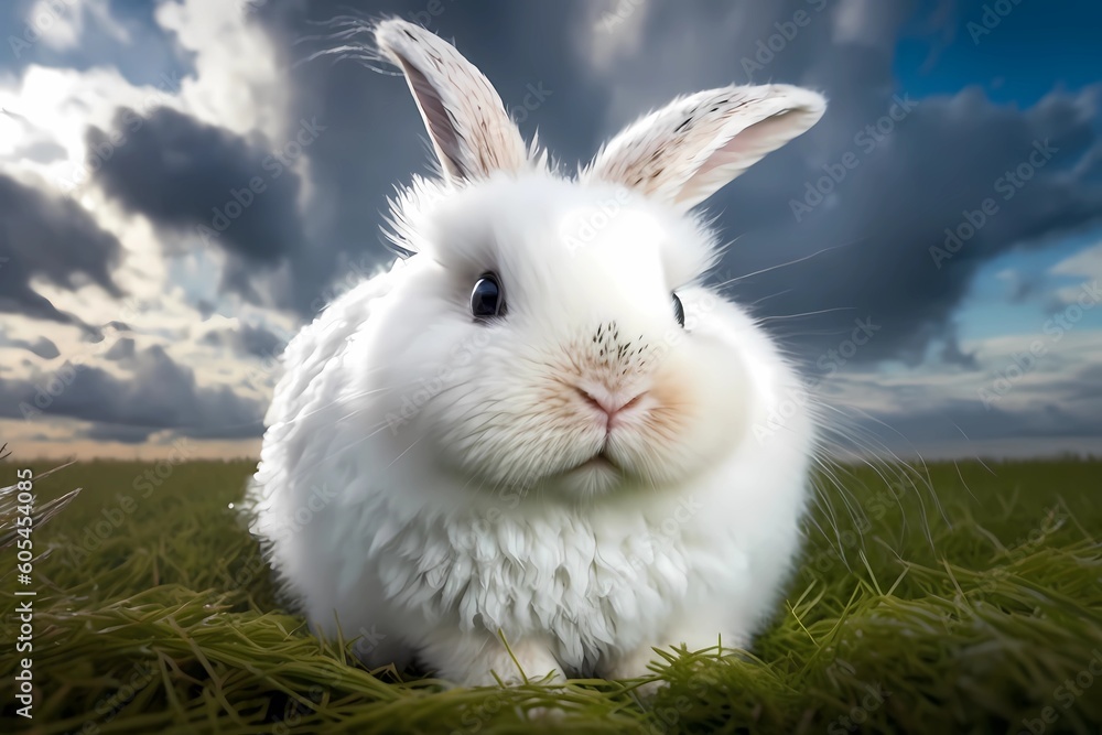 Highly defined macrophotography selfie of a cute fluffy white rabbit on grass - Generated by Generative AI Highly defined macrophotography selfie of a cute fluffy white rabbit on grass - Generated by Generative AI