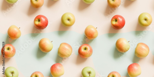 Seamless repeating pattern of apples of different varieties and types  at different angles on a two-tone green-pink neutral background