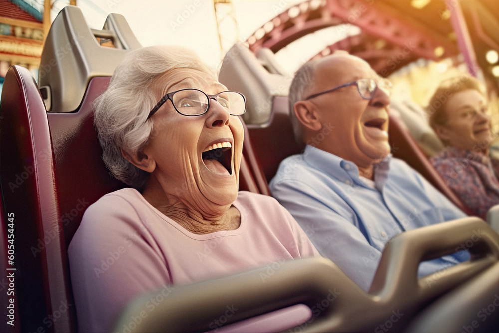 Funny elderly cool crazy retired grandparents together riding on roller coaster in amusement park, active old age created with Generative AI Funny elderly cool crazy retired grandparents together riding on roller coaster in amusement park, active old age created with Generative AI