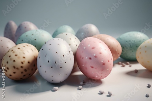 Easter eggs in pastel colors with white dot brush marks on a transparent background. Generative AI