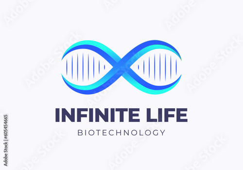 Infinite Life DNA Spiral Abstract Vector Sign, Symbol, Logo Template. Modern Technology, Medicine and Biotechnology Gradient Limitless Emblem with Typography Isolated