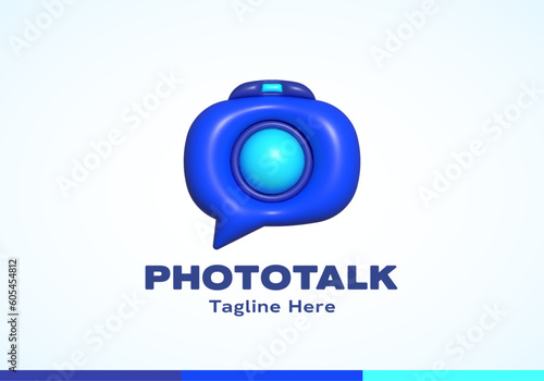 Inflated 3D Photo Chat Abstract Vector Logo Template. Modern Style Camera and Talking Cloud Concept Sign. Speech bubble incorporated into photocamera emblem Isolated