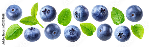 Set of blueberries and blueberry leaves isolated on white background. Closeup group of fresh ripe blueberries with leaves.