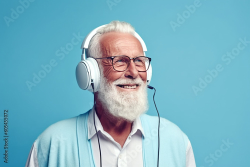 Funny old man with a white beard listening to the music on the headphones isolated on a blue background. High quality photo