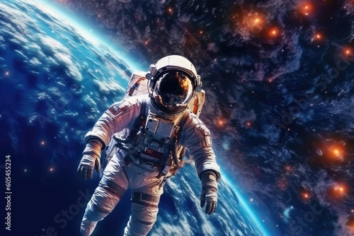 Astronaut floating in space above the Earth-like planet