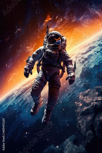 Astronaut floating in space above the Earth-like planet