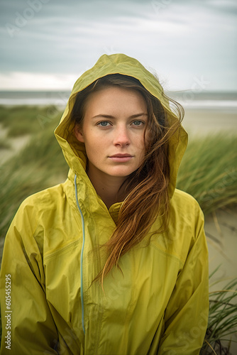 A woman in a yellow raincoat standing on a beach. Generative AI.