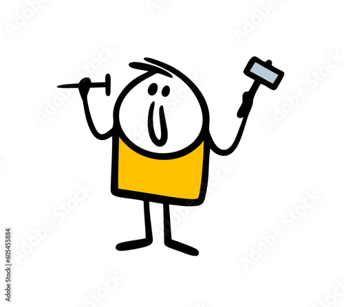 Funny worker stickman hammers a nail into the wall. Vector illustration of cute boy at work.