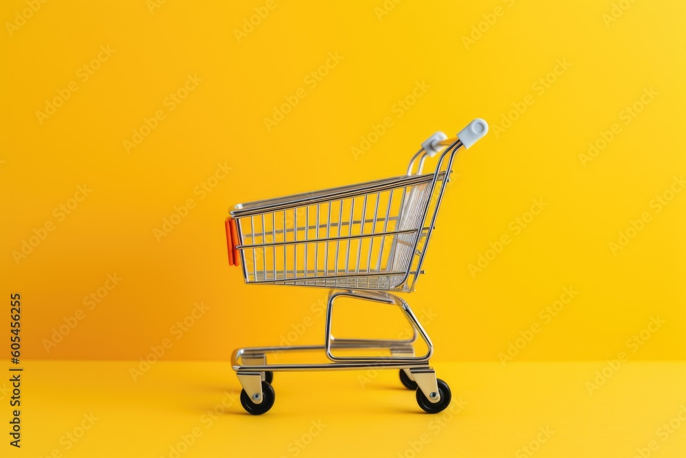 closeup of a miniature shopping cart on a yellow background. shopping concept, Generative AI closeup of a miniature shopping cart on a yellow background. shopping concept, Generative AI