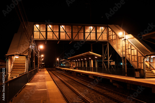 Long Island Railroad station at night, Sayville, New York photo